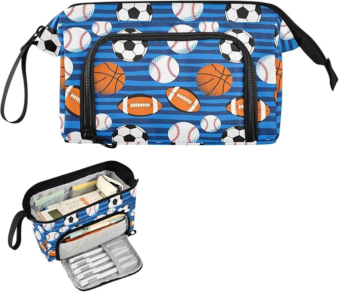 Soccer Balls Blue Pencil Case Pouch Big Capacity Pencil Bag Box Organizer Pen Case with Handle Stationery Organizer for Kids Boys Girls Women College Office