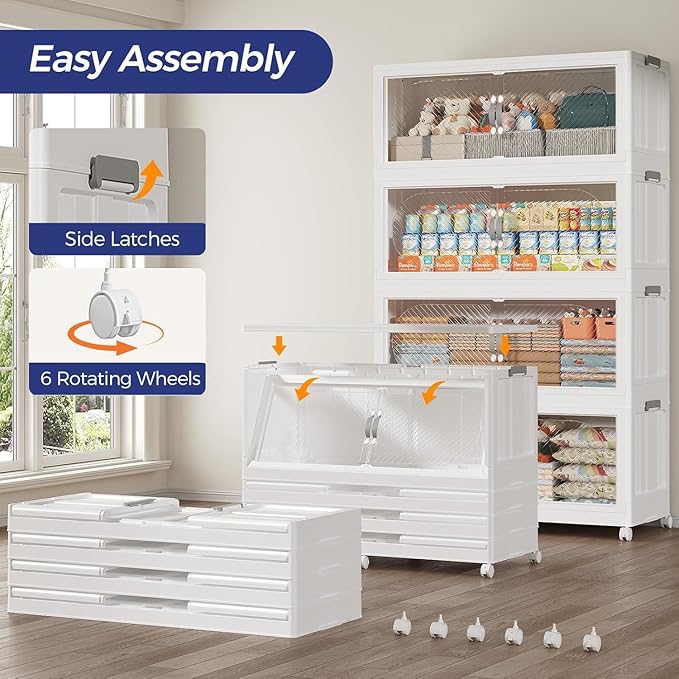 1200QT Extra Large Stackable Storage Bins with Lid, 300Gal Plastic Closet Organizers and Storage Drawer, Collapsible Cabinet Box with Wheels Clear Doors for Home Kitchen Office, 5Pack White