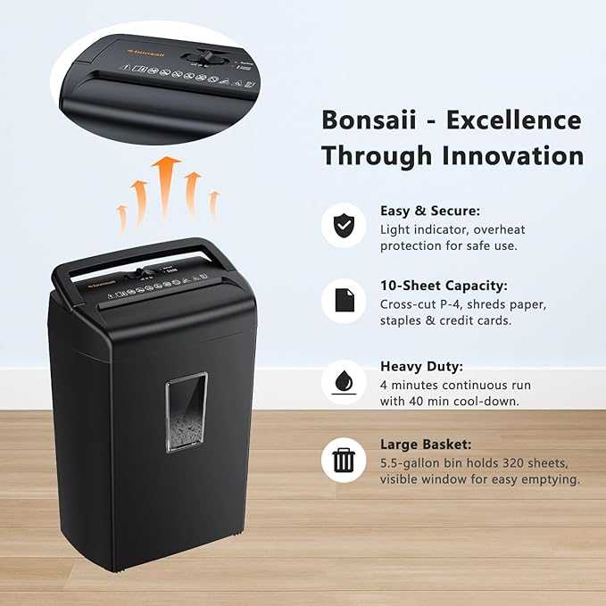 Bonsaii 10-Sheet Cross-Cut Paper Shredder for Home Office, 4-Min Runtime, 5.5-Gallon Bin with Viewing Window & Handle, Shreds Credit Cards, Staples, Quiet, Overheat Protection – Black