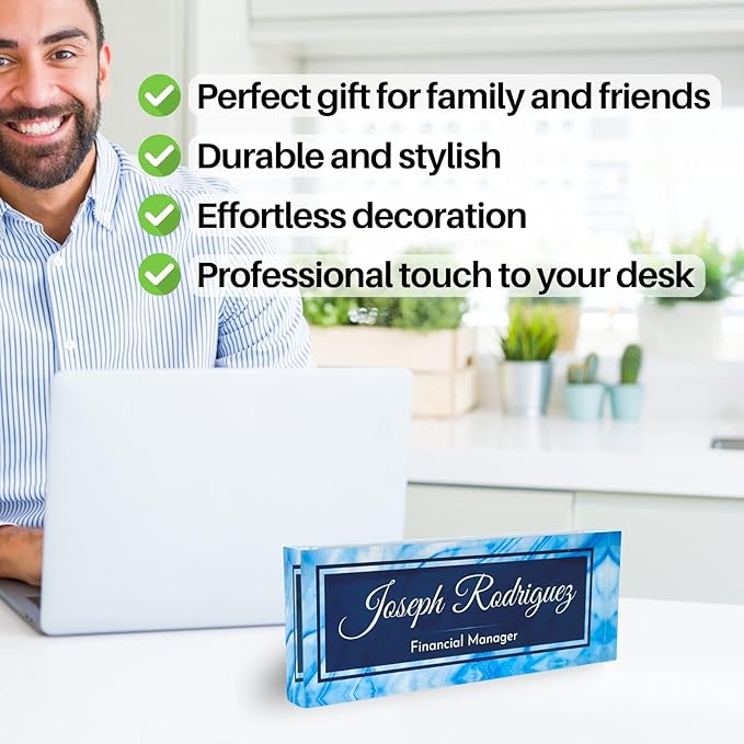 Customized Clear Acrylic Thick 8x3" Desk Name Plate Block with Personalized Logo - Professional Office Decor - Customized Acrylic Plate Gift for Teacher Co-workers, Christmas Gifts for Her, Thanksgiving Gifts (Blue Wave)