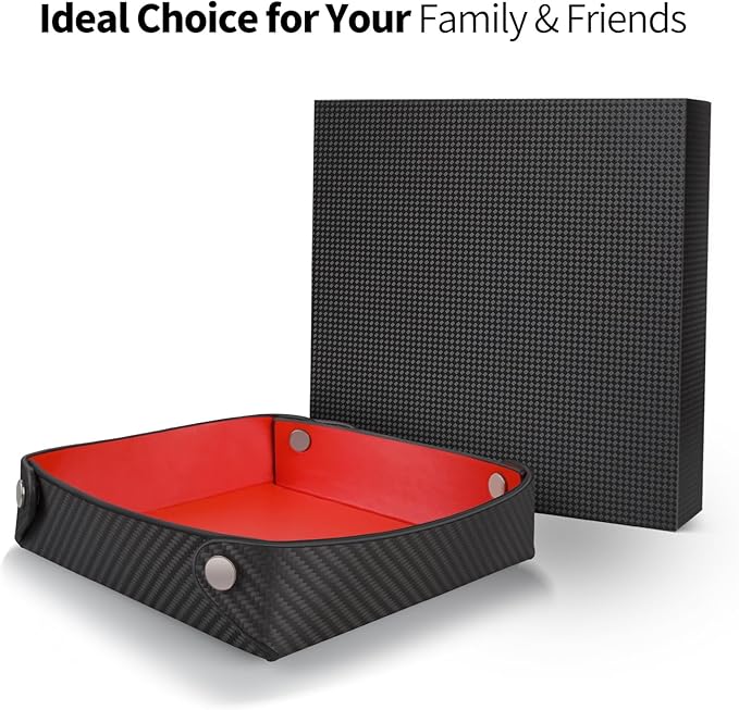 Leather Catchall Tray for Men, Valet Tray Organizer for Wallet, Keys, Accessories,Leather Carbon Fiber Desktop Storage Tray,Red