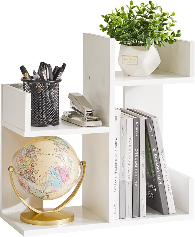 Small White Desk Organizer, 2 Tier Tree Cactus Bookshelf, Desktop Organizer Wood, Small Plant Shelf White YD-DSR002W