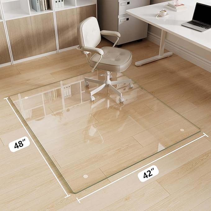 FlyEcho Glass Chair Mat 42" x 48" Heavy Duty Tempered Glass Office Chair Mat, Glass Floor Mat with Polished Edge and Round Corner for Smooth Glide, Carpet Hardwood Floor Protector
