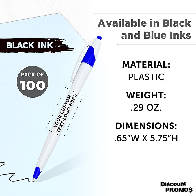 DISCOUNT PROMOS Custom Slim Curvy Ballpoint Pens Set of 100, Personalized Bulk Pack - Black Ink, Retractable, Great for Office, School, Tradeshows - Blue Black