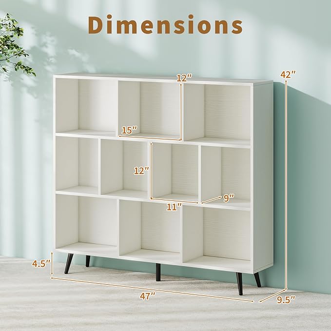 Tangkula 10-Cube Bookcase, Modern 47”L Storage Bookshelf with 5 Tapered Metal Legs & 2 Anti-Tip Kit, Freestanding Display Rack for Living Room, Study Room (White, 10-Cube)