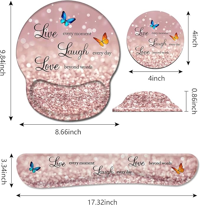 Keyboard Wrist Rest and Mouse Pad Wrist Support Set with Coasters, Non-Slip PU Base Ergonomic Gaming Mousepad for Home Office Working Studying Easy Typing & Pain Relief, Glitter Quote Live Laugh Love