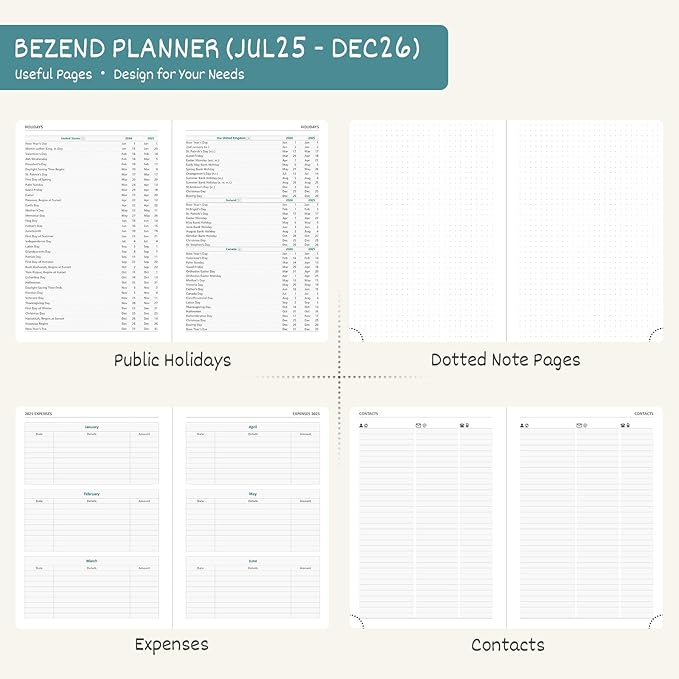BEZEND 2026 Planner Weekly and Monthly (6" x 8.5") Daily Calendar Book with Tabs (Jul 25-Dec 26) Vertical Hourly Timeslots, Storage Pocket, Pen Holder, PU Leather Hardcover - Kiwi