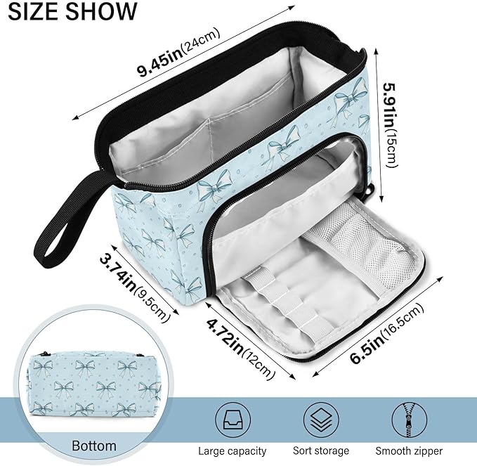 Blue Ribbon Bow Pencil Case Pouch Big Capacity Pencil Bag Box Organizer Pen Case with Handle Stationery Organizer for Kids Boys Girls College