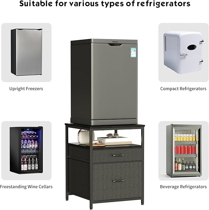 Mini Fridge Stand with 3 Storage, Mini Fridge Cabinet, Beverage Fridge Table, Heavy Duty 21.3" L* 22.7" W Tabletop, for Dorm, Apartment,Office, Bedroom Black HB01BXB