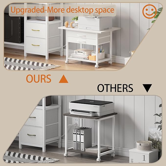 Large Printer Stand with Storage Fabric Drawer Under Desk Printer Table with Wheels for Home Office, Printer Cart fit Fax Machine Scanner 23.4"x15.7" (White, 2 Tiers)