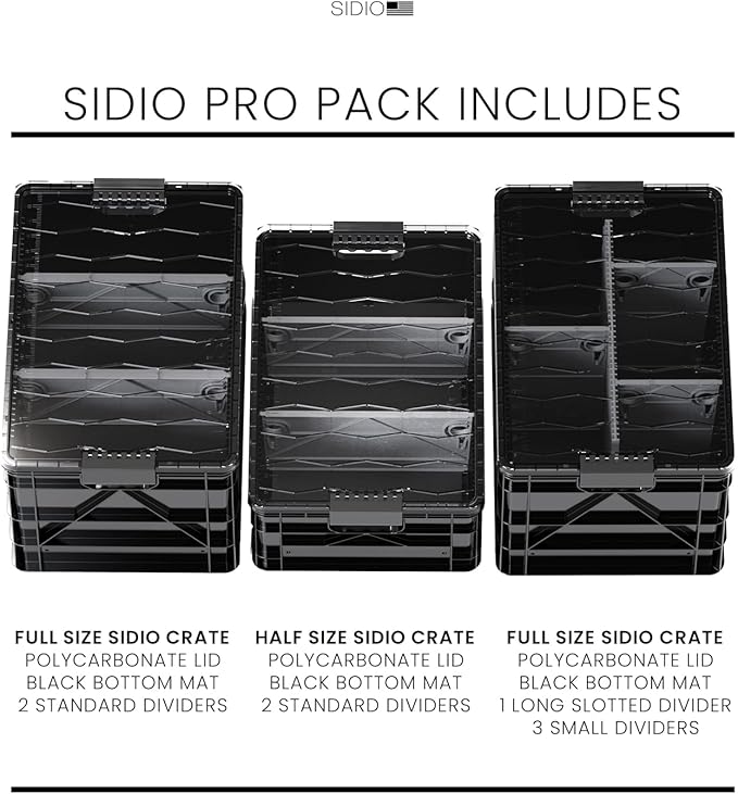 SIDIO Crate Pro Pack - 2 Full-Size & 1 Half-Size Heavy Duty Stackable Storage Bins, Totes and Containers with Lids and Dividers - Durable Plastic Organizer for Home, Office, Garage, and Outdoor Use