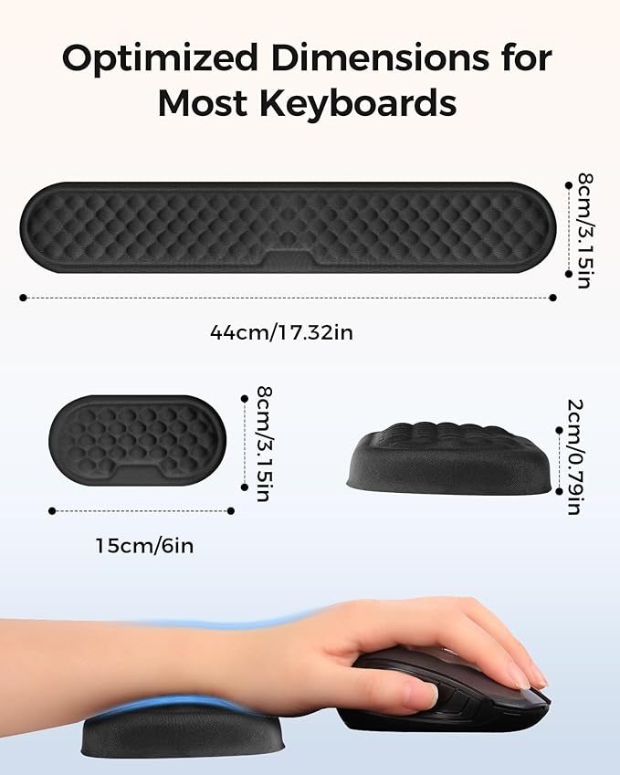 Wrist Rest Set for Keyboard and Mouse, Ergonomic Wrist Support with Soft Memory Foam, Silky Lycra Cover, Non-Slip Base, Helps Reduce Wrist Pressure and Fatigue During Long Typing and Gaming Sessions