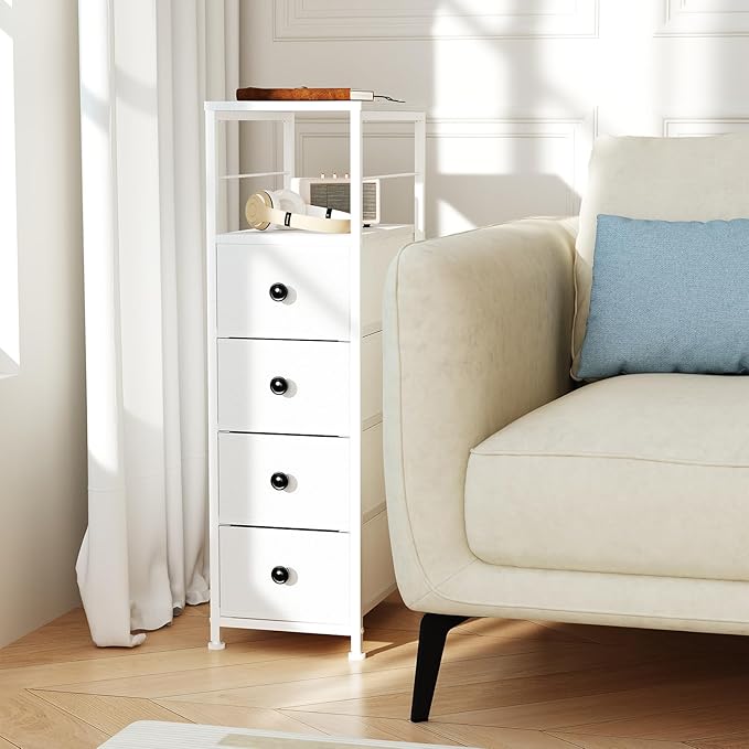 YBING Narrow Dresser for Bedroom, Slim Side Table with Drawer, Dresser Storage Cabinet with 4 Fabric Drawers, Chest of Drawers for Small Space, White