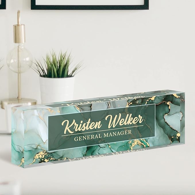 Personalized Premium Green Marble Acrylic Desk Name Plate, Office Decor for Women or Men Coworkers, Boss, Employee, Teacher