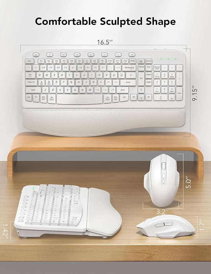 SABLUTE Wireless Keyboard and Mouse Combo, Ergonomic Wave Keys, Cushioned Plam Rest, Comfortable Silent Natural Typing, 2.4G Lag-Free, Full Size Keyboards Cordless Set for Multi-OS, Windows/Mac, White