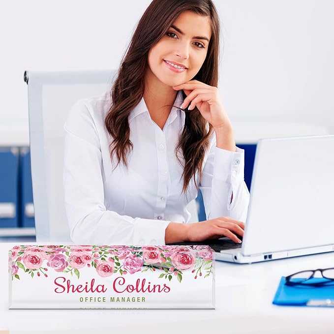 Rose B Acrylic Name Plate - Personalized Desk Name Plate, Employee Appreciation Gift, Office Decor Accessory