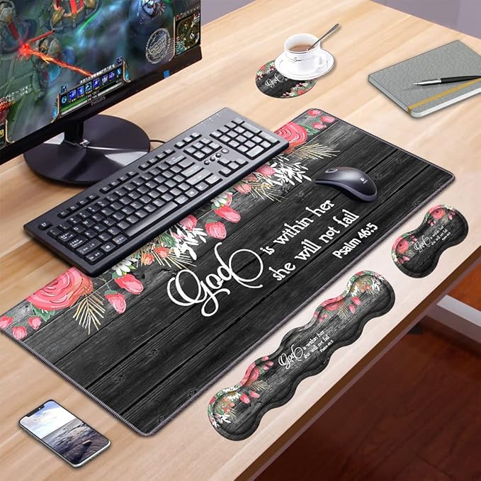 Ergonomic Keyboard Wrist Rest & Mouse Pad Wrist Rest Set,Large XXL Gaming Desk Mat 31.5"x 11.8",Non-Slip Base, Memory Foam,Easy Typing Pain Relief for Office & Home,Floral Quote Bible Verse Psalm 46:5