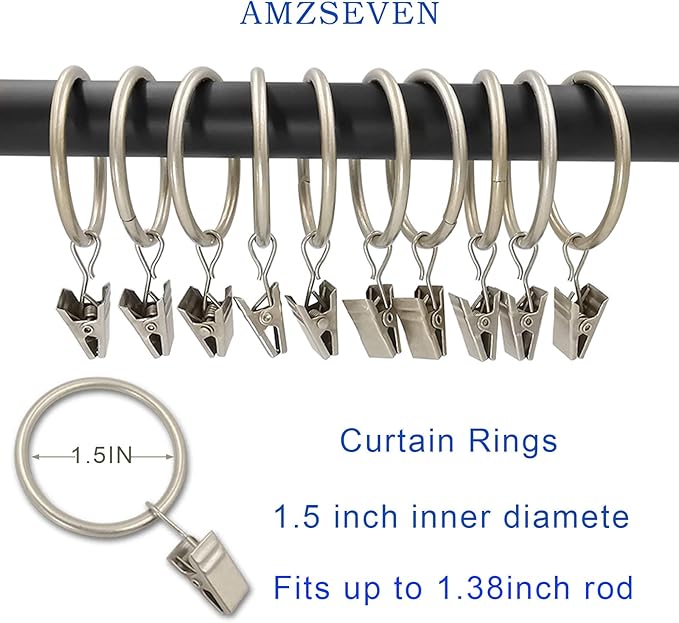 AMZSEVEN 40 Pack Metal Curtain Rings with Clips, Drapery Clips Hooks, Decorative Curtain Rod Clips 1.5 in Interior Diameter, Matte Silver