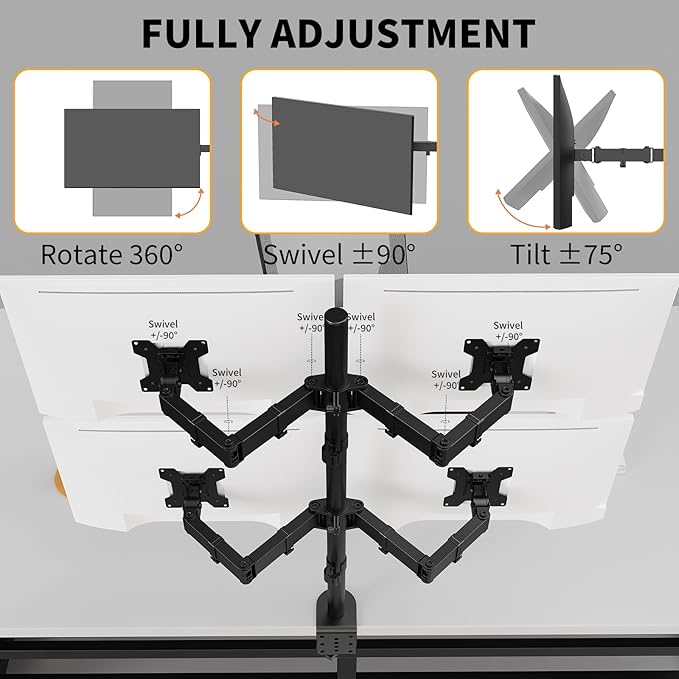 Quad Monitor Desk Mount Heavy Duty Adjustable Monitor Stand for 13"-27" Screen,Computer Mount for Desk Holds Up to 22lbs with C Clamp/Grommet Base