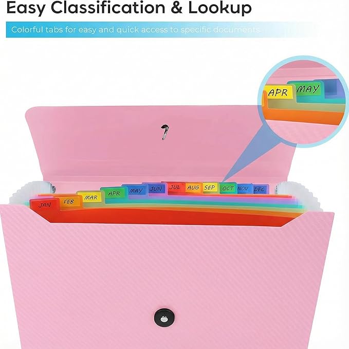 Accordion File Organizer, Accordion Folder for Sorting Documents and Papers, 13 Pockets Expanding File Storage Organizer for Home, Travel and Office Use (Pink)