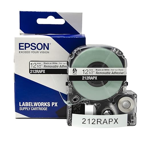 Epson LABELWORKS 212RAPX Genuine PET (Polyester) Tape Cartridge - Black on White Label Maker Tape, Removable Adhesive - 1/2" (12MM) Wide, 30'