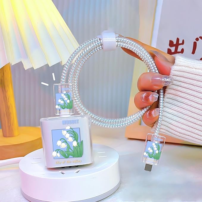Lovely DIY Cable Protector for iPhone 18W/20W Charger,Cute Muguet Flowers Design Transparent Data Line Cable Saver, Phone Charging Protector for Apple Charger Case