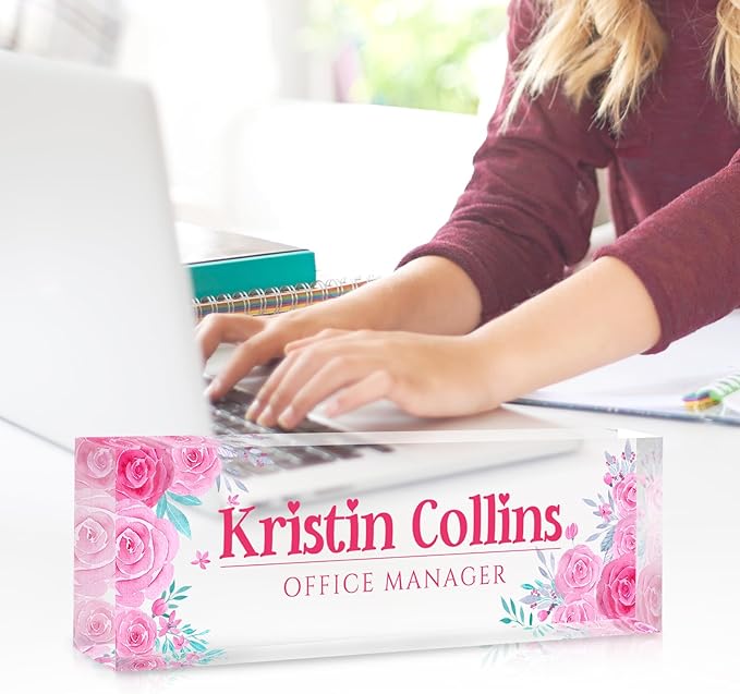 Custom Name Plate for Desk, Personalized Desk Name Plate on Clear Acrylic Glass, Appreciation Gifts for Teacher Employee Boss Coworkers Nurse, Office Desk Accessories for Women Men (Rose)