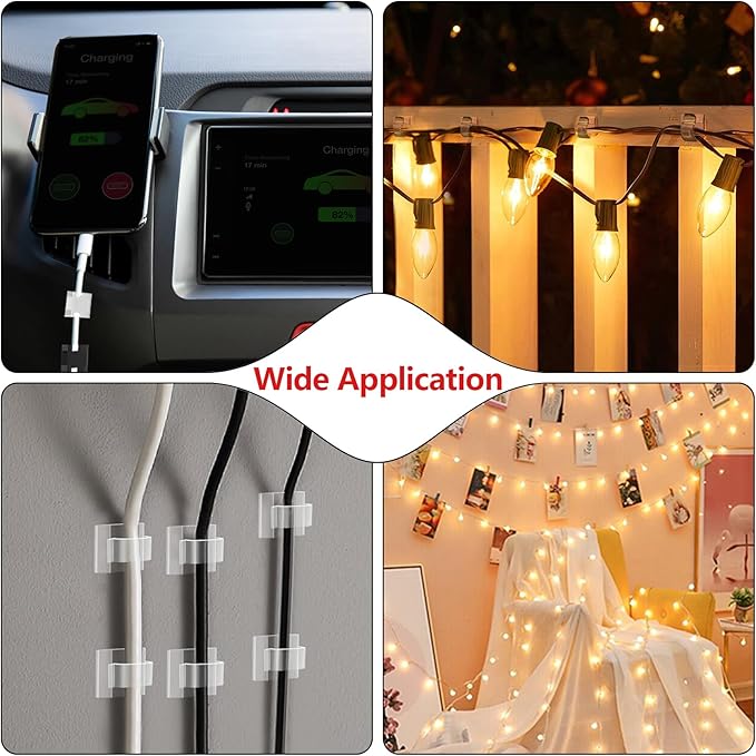 100PCS Cable Clips, Adhesive Wire Clips Organizer Cord Clips Management, Cable Staples Outdoor Strong for Wall, Desk, Christmas Lights, String Lights, Fairy Lights, Clear Glossy, Small