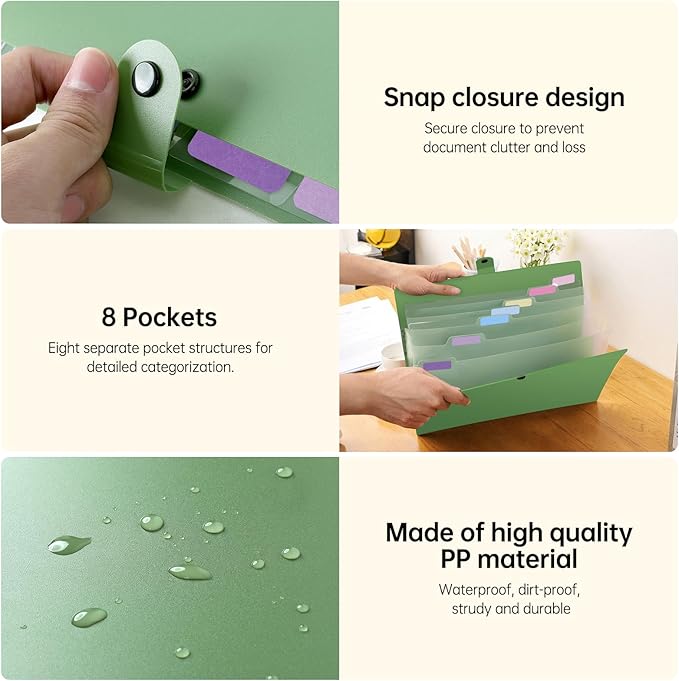 8 Pockets Expanding File Folder, Accordion File Organizer with Colorful Labels, Cute Folders for Documents, Portable File Folder Organizer for School Office Supplies, Letter Size, Green