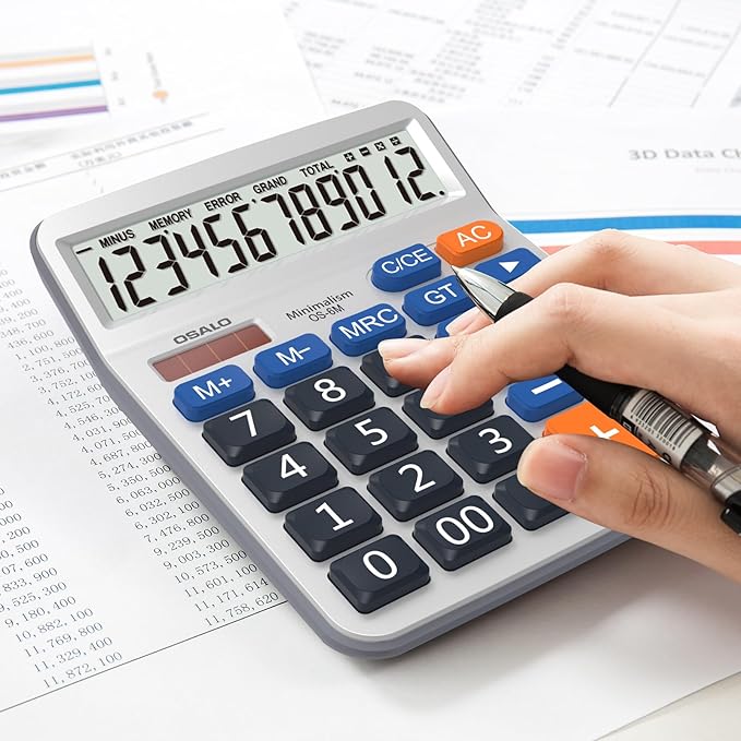 Desktop Calculator Large LCD Display 12 Digit Number Handheld Portable Pocket Basic Calculator with Big Soft Sensitive Button, Battery and Solar Powered, for Office Home School Use(OS-6M)