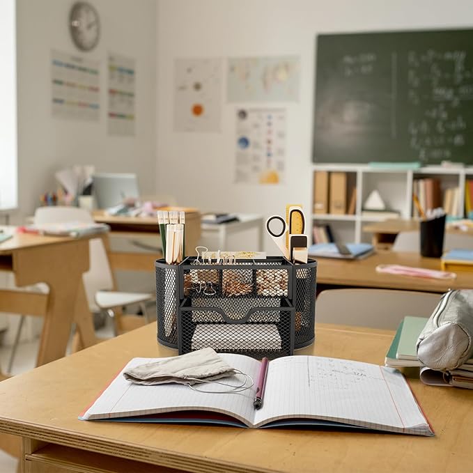 Mesh Pen Holder for Desk 9 Compartment Desk Organizer for Pens Pencils Sticky Notes Clips Office Accessories