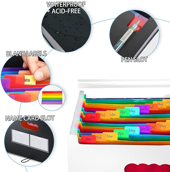 25 Pockets Plastic Expanding File Folders with Tabs, White Accordion File Organizer, Portable Expandable Filing Box, Desktop Folder for School Office Letter A4 Paper Document Receipt Storage