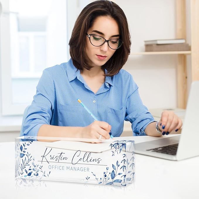 Custom Name Plate for Desk, Personalized Desk Name Plate on Clear Acrylic Glass, Appreciation Gifts for Teacher Employee Boss Coworkers Nurse, Office Desk Accessories for Women Men (Sky Blue)