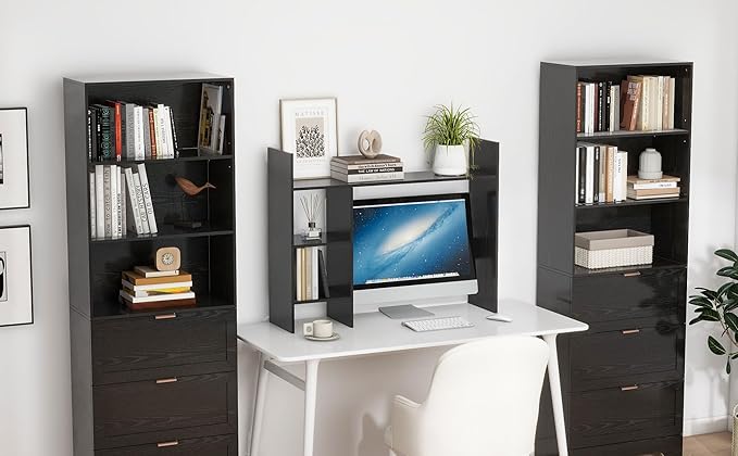 Desktop Bookshelf, Wood Desk Organizer Hutch with 3 Shelves for Computer Desk, 37.4'' Multipurpose Display Rack with Storage for College Dorm Office Home, Black