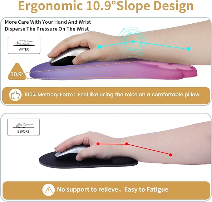 L-SPOUTTO Ergonomic Mouse Pad with Wrist Rest,Cute Cat Paw Mousepad Wrist Support,Comfortable Massage Design Computer Pain Relief Mouse Pad with Non-Slip PU Base for Desk Laptop Gaming,Pink&Purple