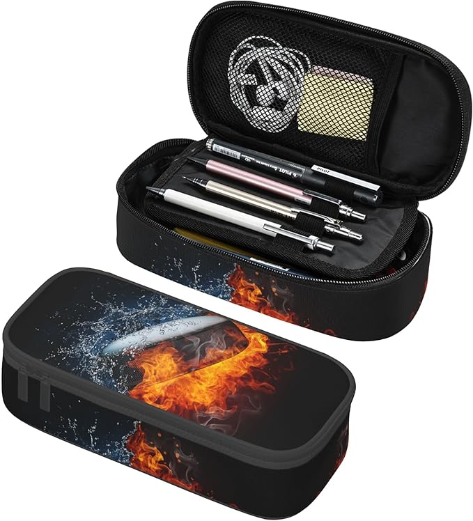 Hockey Pencil Case for Kids Boys, Large Capacity Pencil Box Storage Pen Bag with Zippers, Sports-Themed Black Pencil Pouch Stationery Case for Office School