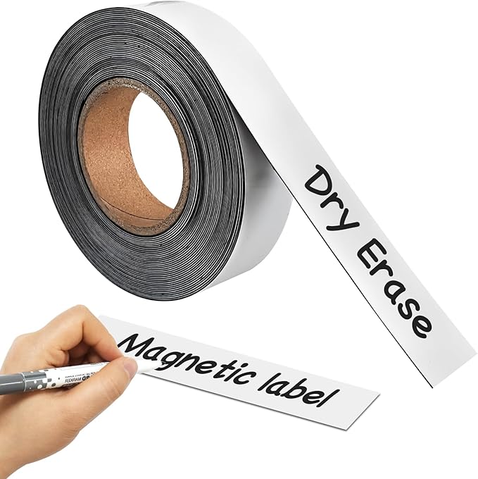 Magnetic Labels 1 Inch x 30 Ft Roll - No Adhesive Backing, Dry Erase Surface - Reusable Magnetic Tool Box Labels & Magnetic Name Tags - Dry Erase Magnets for Whiteboard, Classroom, Locker, Toolbox