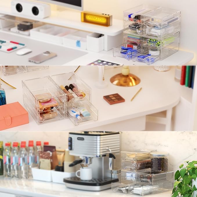 Desk Organizer Drawer Office Storage: 4 Plastic Drawers Organizers for Small Accessories, Clear Box for Stationery Supplies Organization, Storage Acrylic Bins Holder for Classroom Table
