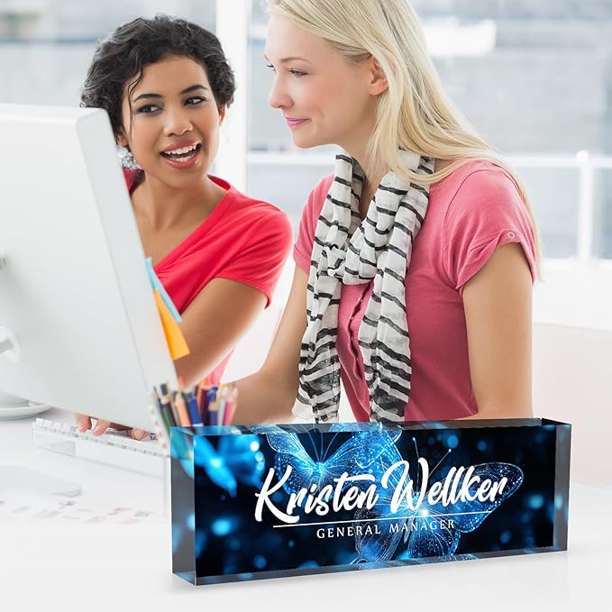 Desk Name Plate Personalized Name Plate for Desk, Office Desk Decor, 3D Style Personalized Plaque Name Plates for Desks Custom Appreciation Gifts for Boss Lady Employee Coworkers (Ice Butterfly)