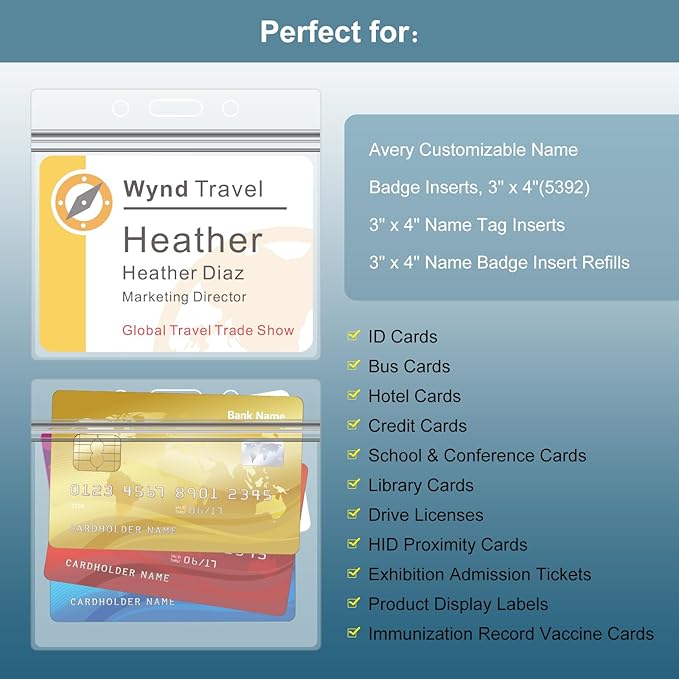 3x4 Inch Name Badge Holders - Fushing Clear Plastic Horizontal Name Tag Badge ID Card Holders for 3 x 4 Inch Name Badge Inserts or Name Tag Inserts (50)