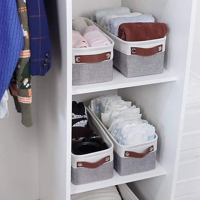 Univivi 4PC Small Fabric Storage Bins,15x6x5 inch Long Narrow Storage Baskets with PU Handles for Closet,Cabinet,Countertop Organizing Small Items (Gray,15x6x5 inch)