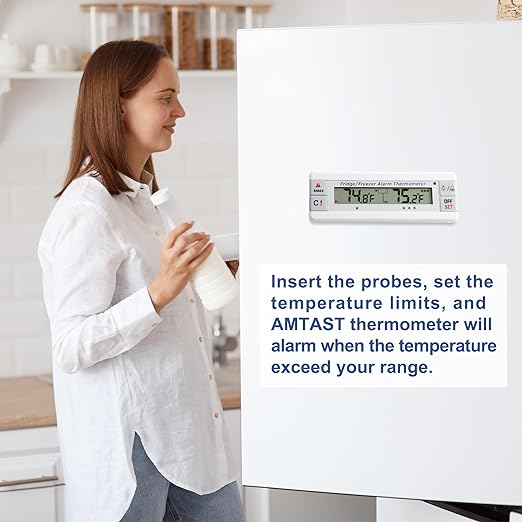 Digital Refrigerator Thermometer 2 Channel Freezer Thermometer with Alarm Sound Reminder Thermometer Fridge with Max/Min Temperature Record Freezer Alarm with Magnetic Back for Home Kitchen