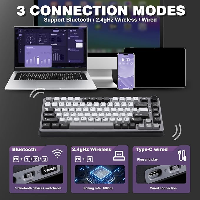 YUNZII B75 PRO Wireless Mechanical Keyboard,75% Layout with Knob,Hot Swap Gasket Custom Structure,Creamy Pre-lubed Switches,RGB Backlit,BT/Type-C/2.4G for Win/Mac(Cocoa Cream V2 Switch,Dark Grey)