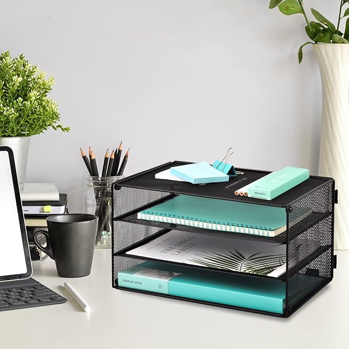 EASEPRES 3 Tier Mesh Desk Organizer Tray, File Paper Letter Folder Holder Desktop Paper Sorter Mail Organization Rack Storage Accessories, for Office Home School Classroom, Black