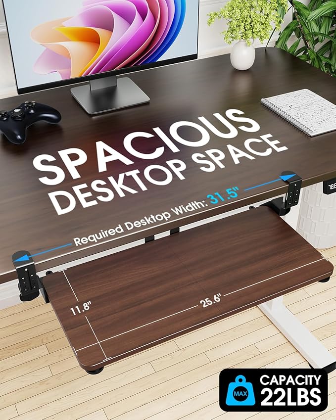 Large Keyboard Tray Under Desk, Pull Out Keyboard & Mouse Tray with Adjustable C-clamp, 25.6(31.5 Including Clamps) x 11.8 Inch Slide Out Computer Keyboard Drawer Mouse Tray for Typing, Walnut