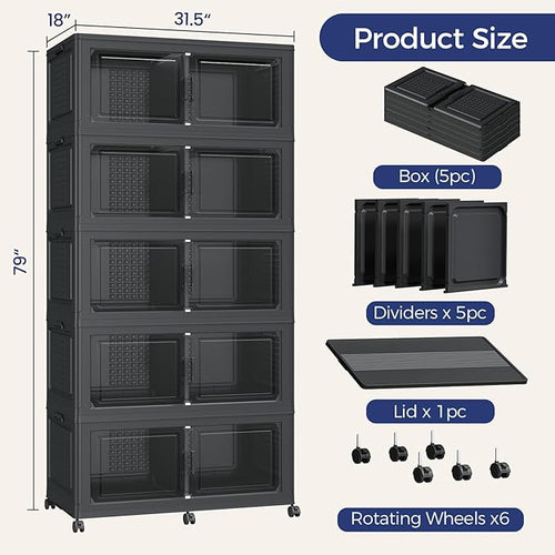 250GAL Storage Bins with Lid and Wheels, Stackable Closet Organizers and Storage Drawer, Collapsible Storage Box with Dividers, Foldable Plastic Cabinets for Room, Kitchen, 5 Pack Black