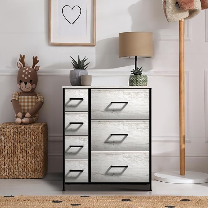 Sorbus Dresser with 7 Faux Wood Drawers - Storage Unit Organizer Chest for Clothes - Bedroom, Hallway, Living Room, Closet, & Dorm Furniture - Steel Frame, Wood Top, & Easy Pull Fabric Bins