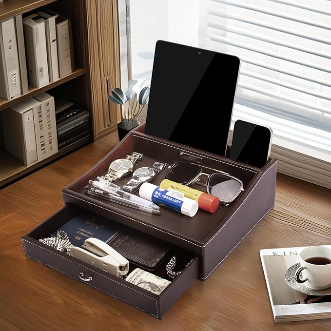 Baoyun Fathers Day Nightstand Organizer for Men, Mens Jewelry Box, Mens Dresser Organizer Countertop, Large Capacity Leather Valet Tray for Phones Pad Wallet Key Birthday Gifts for Men