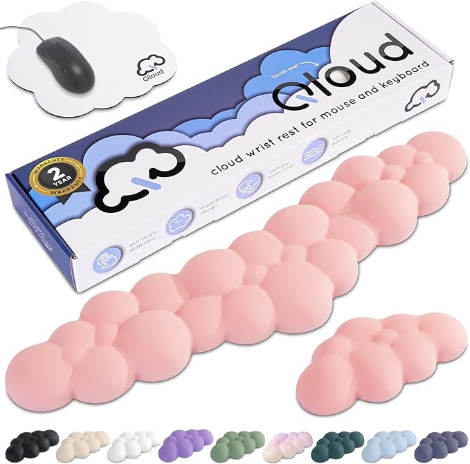 Qloud Cloud Wrist Rest Keyboard Wrist Rest for Computer Keyboard Pad, Cloud Keyboard Wrist Rest, Wrist Pad for Keyboard, Memory Foam, Non Slip Base, Comes with Mouse Pad - Pastel Pink