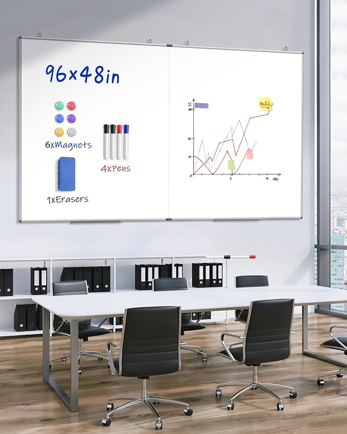 96"X 48" Large Magnetic Dry Erase Whiteboard, Removable Wall Hanging Board with 4 Pens & 1 Dry Erasers & 6 Magnets, Sliver Aluminum Frame White